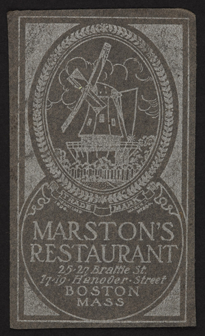Trade card for Marston's Restaurant, 25-27 Brattle Street, 17-19 Hanover Street, Boston, Mass., 1894