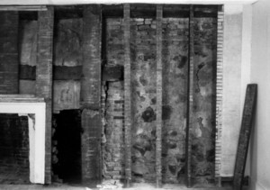 Interior view of north wall fireplace renovation, Spencer-Peirce-Little House, Newbury, Mass.