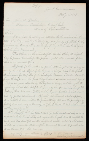 W. W. Corcoran to Hon John S. Barber, February 1, 1887, copy