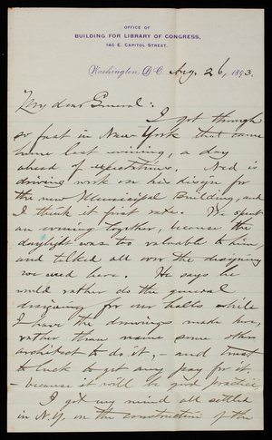 [Bernard. R.] Green to Thomas Lincoln Casey, August 26, 1893