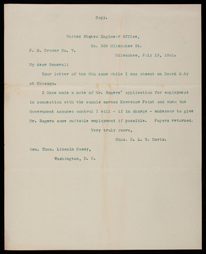 Charles E. L. B. Davis to Thomas Lincoln Casey, copy; July 13, 1891