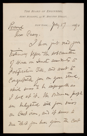Henry L. Abbot to Thomas Lincoln Casey, July 17, 1890