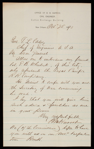 B. M. Harrod to Thomas Lincoln CaseyV, October 25, 1890