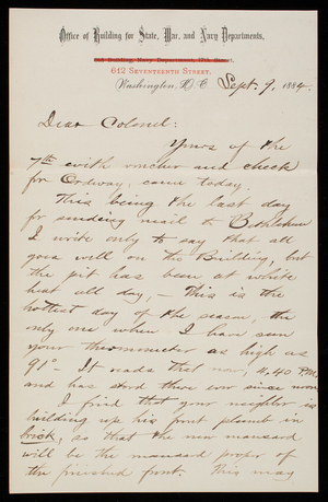 Bernard R. Green to Thomas Lincoln Casey, September 9, 1884