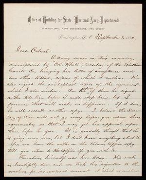Bernard R. Green to Thomas Lincoln Casey, September 1, 1882
