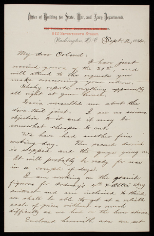 Bernard R. Green to Thomas Lincoln Casey, September 2, 1884