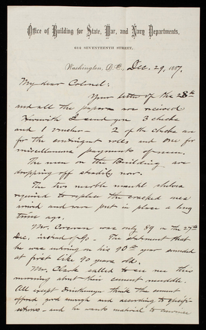 Bernard R. Green to Thomas Lincoln Casey, December 29, 1887