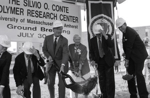 Ceremonial groundbreaking for the Conte Center: Gov. William Weld and Corrine Conte (both at center) tossing the first shovel of dirt