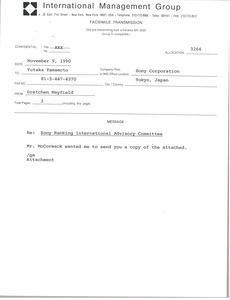 Fax from Gretchen Mayfield to Yutaka Yamamoto