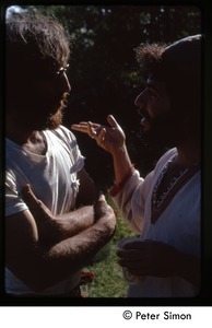 Richard Wizansky (right) in conversation with unidentified man, Tree Frog Farm commune