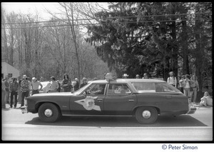 New Hampshire State Police car stopped by a group of occupiers, as the occupation of Seabrook Nuclear Power Plant gets under way