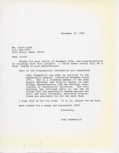 Letter from Judi Chamberlin to Jinie Lind