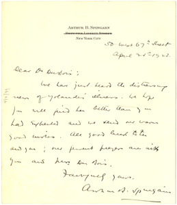 Letter from Arthur B. Spingarn to W. E. B. Du Bois