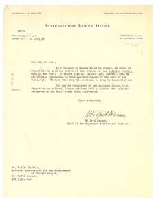 Letter from International Labour Office to W. E. B. Du Bois