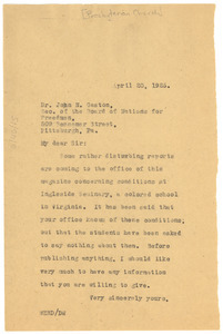 Letter from W. E. B. Du Bois to Presbyterian Church Board of Nations