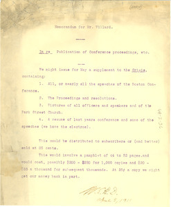 Memorandum from W. E. B. Du Bois to Oswald Garrison Villard