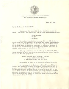 Circular letter from National Institute of Arts and Letters to W. E. B. Du Bois
