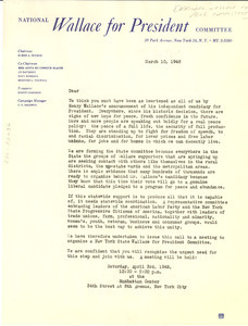 Circular letter from National Wallace for President Committee to W. E. B. Du Bois