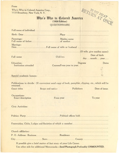 Who's Who in Colored America (1928 edition) questionnaire