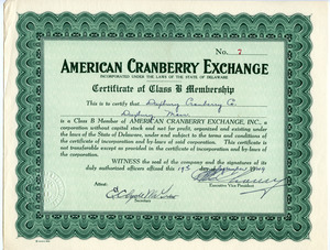 Certificate of class B membership, American Cranberry Exchange, for the Duxbury Cranberry Company