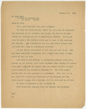 Letter from Laurence L. Doggett to Leon Mann (January 12, 1916)