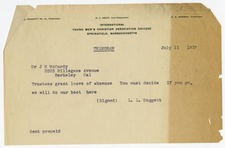 Telegram from Laurence L. Doggett to James Huff McCurdy (July 11, 1917)