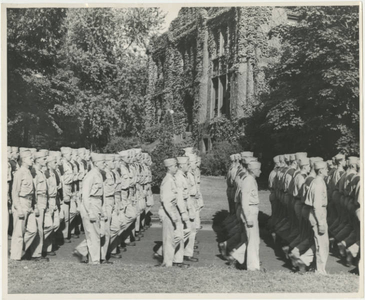 Army Air Corps soldiers marching in front of Marsh Memorial (May 1943)