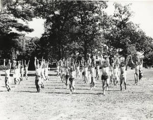 Men exercising outside at Springfield College (July 1943)