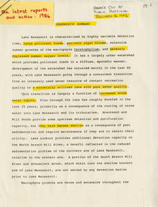 Diagnostic Summary on Lake Massasoit, January 16, 1986
