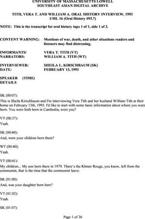 Vera Thong Tith and William An Tith oral history interview transcript, 1993