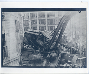 Beach Street Station accident, view from tracks of cars and crane