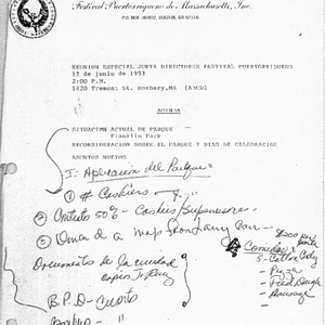 Agenda from Festival Puertorriqueño de Massachusetts, Inc. Board of Directors meeting on June 12, 1993