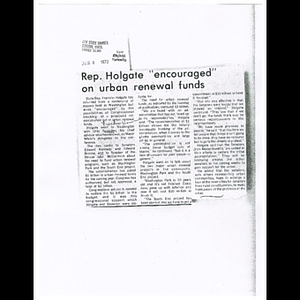 Photocopy of Bay State Banner article, Rep. Holgate 'encouraged' on urban renewal funds