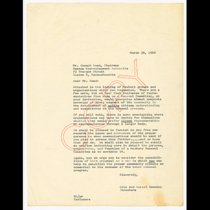 Letter from Otto and Muriel Snowden to Joseph Lund with list of organizations for inclusion in Roxbury Renewal Committee