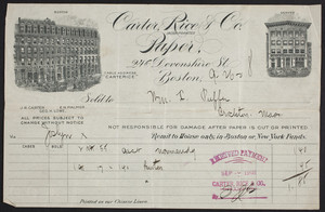 Billhead for Carter, Rice & Co., paper, 246 Devonshire Street, Boston, Mass., dated September 26, 1908