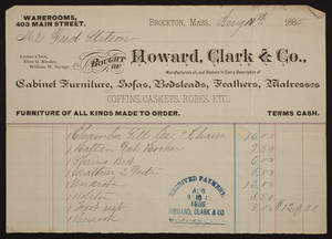 Billhead for Howard, Clark & Co., cabinet furniture, sofas, bedsteads, feathers, mattresses, 403 Main Street, Brockton, Mass., dated August 10, 1885