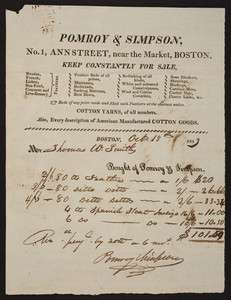 Billhead for Pomroy & Simpson, feather beds, mattresses, bedding, No. 1 Ann Street, near the Market, Boston, Mass., dated October 18, 1813