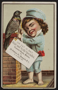 Trade card for Dr. Jay O. Day, hair and scalp specialist, Tremont House, Boston, Mass. and 26 Pelham Street, Newport, Rhode Island, 1881