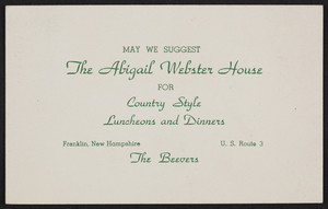Postcard for The Abigail Webster House, hotel, U.S. Route 3, Franklin, New Hampshire, dated December 12, 1947