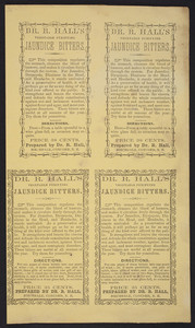 Advertisements for Dr. R. Hall's Jaundice Bitters and Strengthening & Rhumatic Plaster, Dr. Hall, Birchdale, Concord, New Hampshire, undated