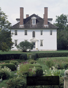 Exterior facade, looking across garden, Hamilton House, South Berwick, Maine