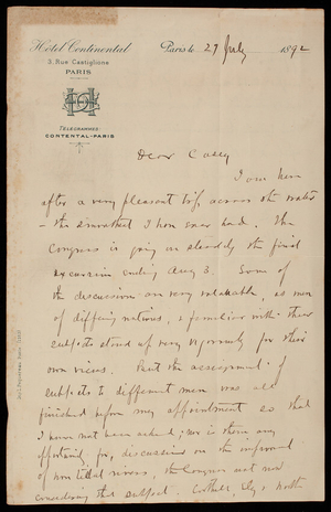 [Cyrus] B. Comstock to Thomas Lincoln Casey, July 27, 1892