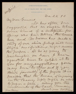 [William] R. King to Thomas Lincoln Casey, December 22, 1890