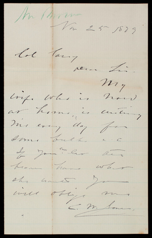 Senator [Charles] W. Jones to Thomas Lincoln Casey, November 25, 1879