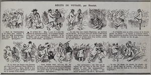 A French cartoon titled "RÉCITS DE VOYAGE, par Henriot."