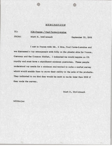 Memorandum from Mark H. McCormack concerning Jean Claude Killy and Paul Favre-Lorraine