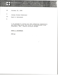 Memorandum from Mark H. McCormack to Jeremy Palmer-Tomkinson