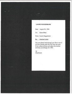 Memorandum from Laurie Roggenburk to Diana Biber