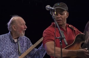 Guy Davis (right) and Pete Seeger performing on stage during the Power of Song Award concert, Symphony Space, New York City