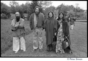 Four supporters of Ram Dass posed on the lawn, Rowe Center spiritual retreat